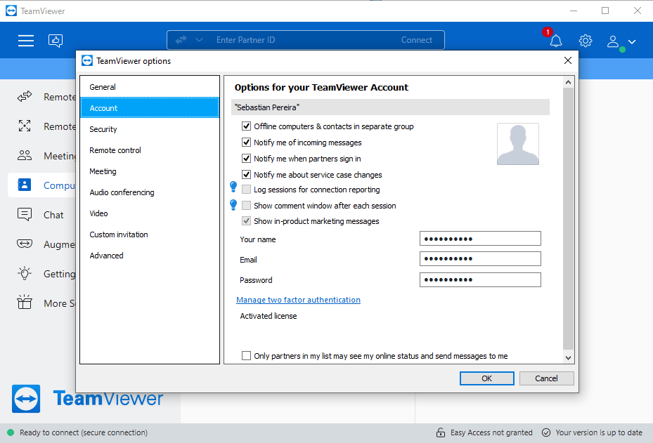 What are the basic settings to use in TeamViewer