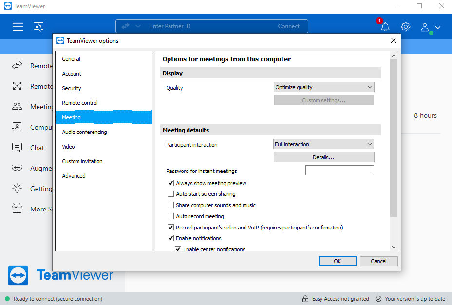 What are the basic settings to use in TeamViewer